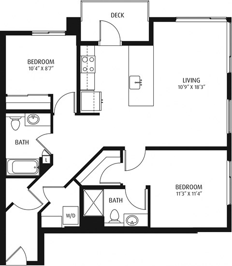 Floor plan for 2 beds, 2 baths, 1037 sqft